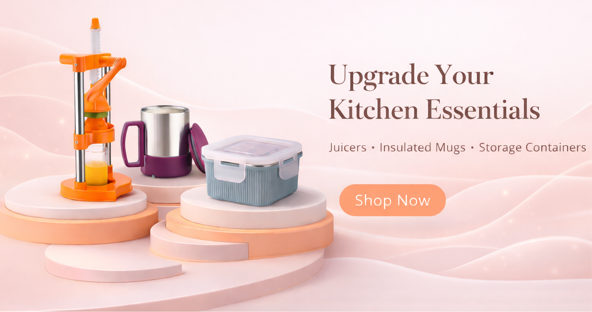 Kitchen essentials including a juicer, insulated mugs, and storage containers on a pink background with 'Upgrade Your Kitchen Essentials' text.