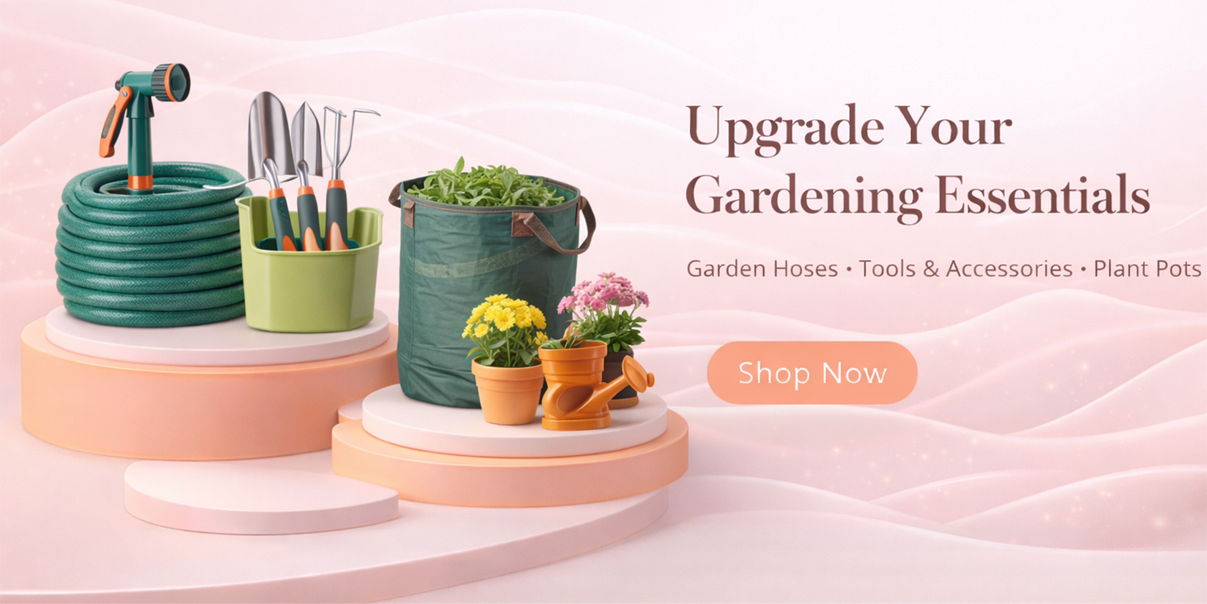 Gardening tools and accessories with text 'Upgrade Your Gardening Essentials' on a pink background