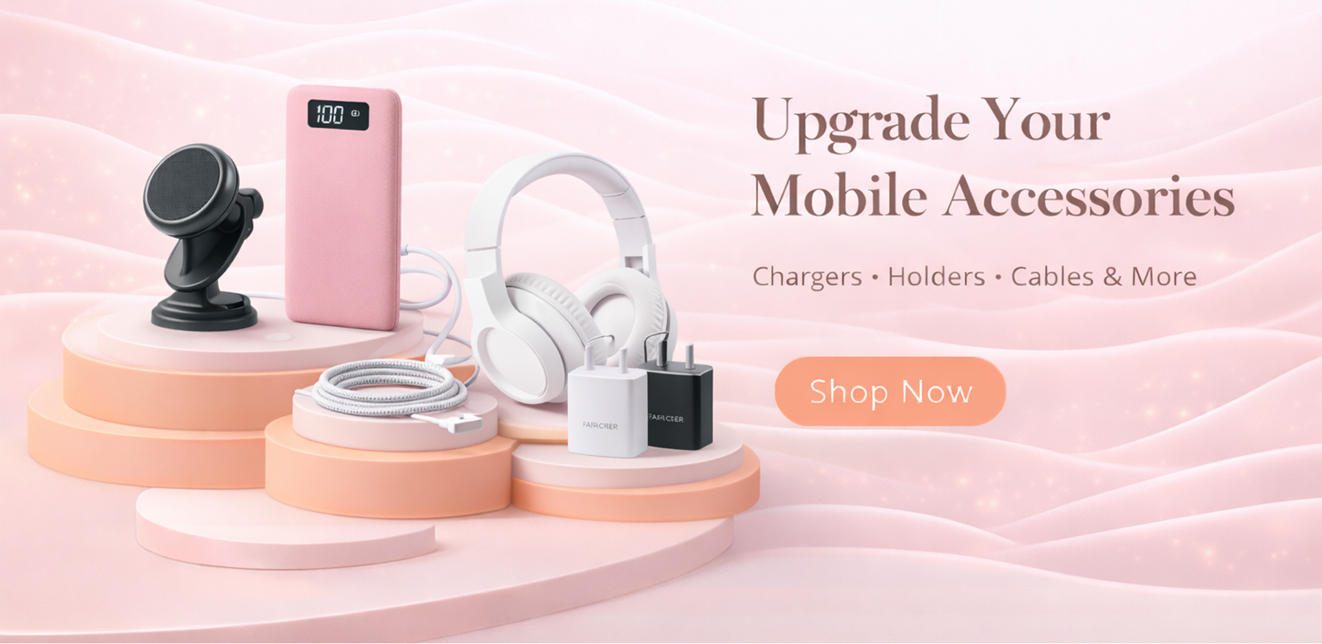 Collection of mobile accessories including a power bank, headphones, and a charger on a pink background with text 'Upgrade Your Mobile Accessories'.