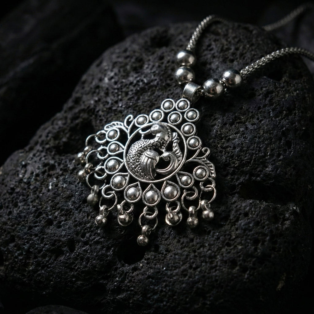 Oxidised Silver Finish Traditional Pendant Necklace – Mix Design (1 Pc)