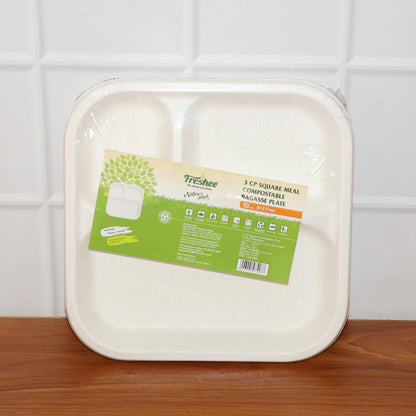 Vegnar Compostable Bagasse 3-Compartment Square Meal Plate