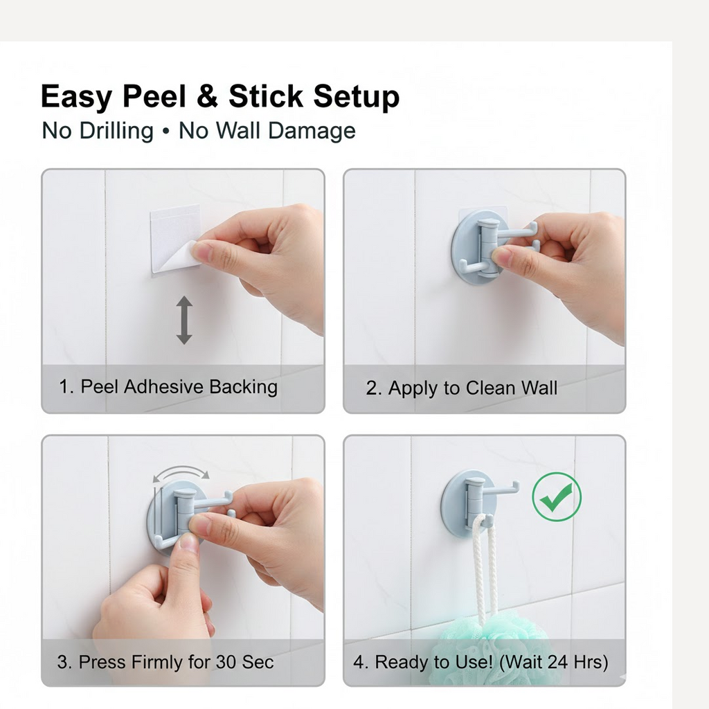 180° Rotating Punch-Free 3-Hook Sticky Hook – 1 Pc