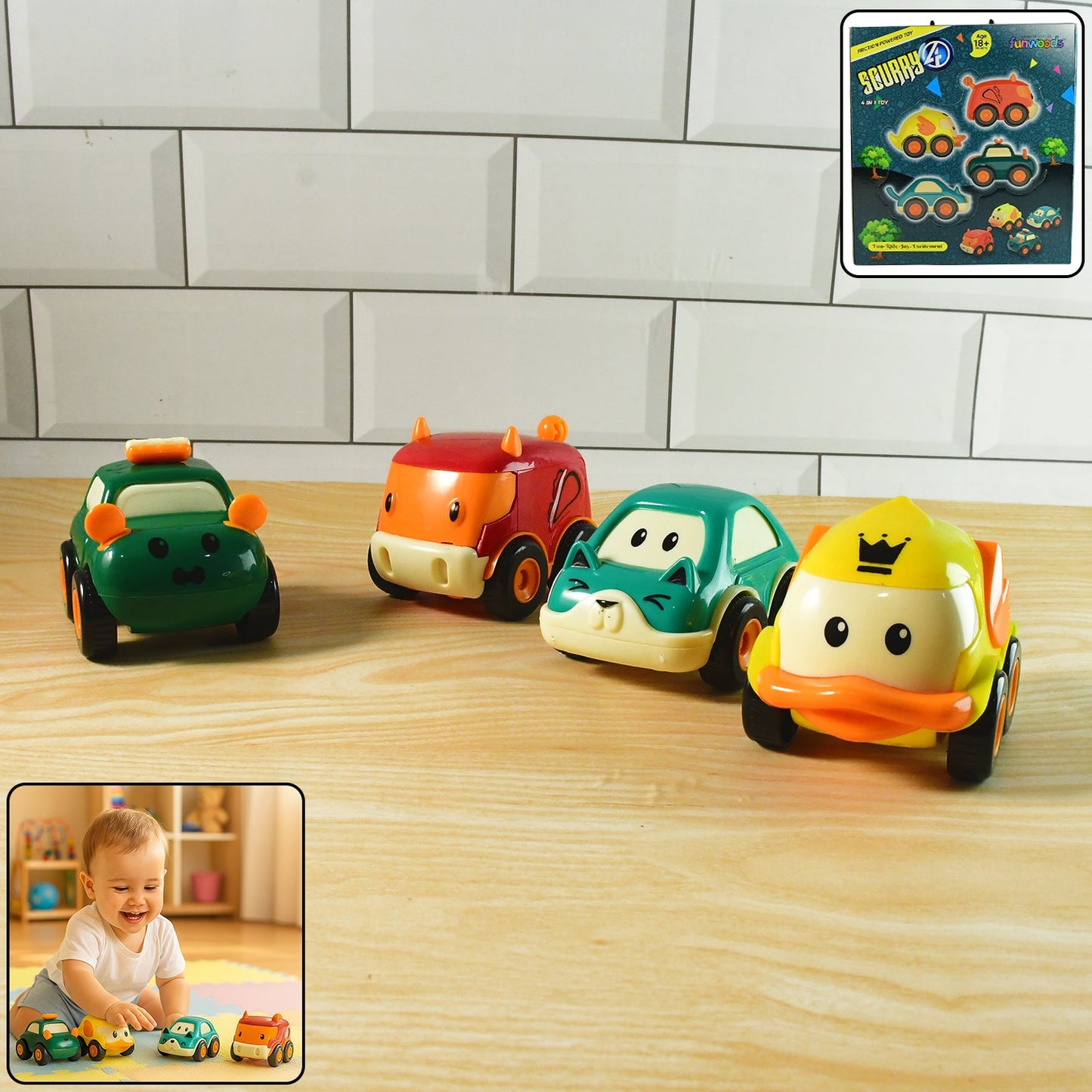 Funwoods Animal Cartoon Pull-Back Toy Car Set Pack 4 Pc