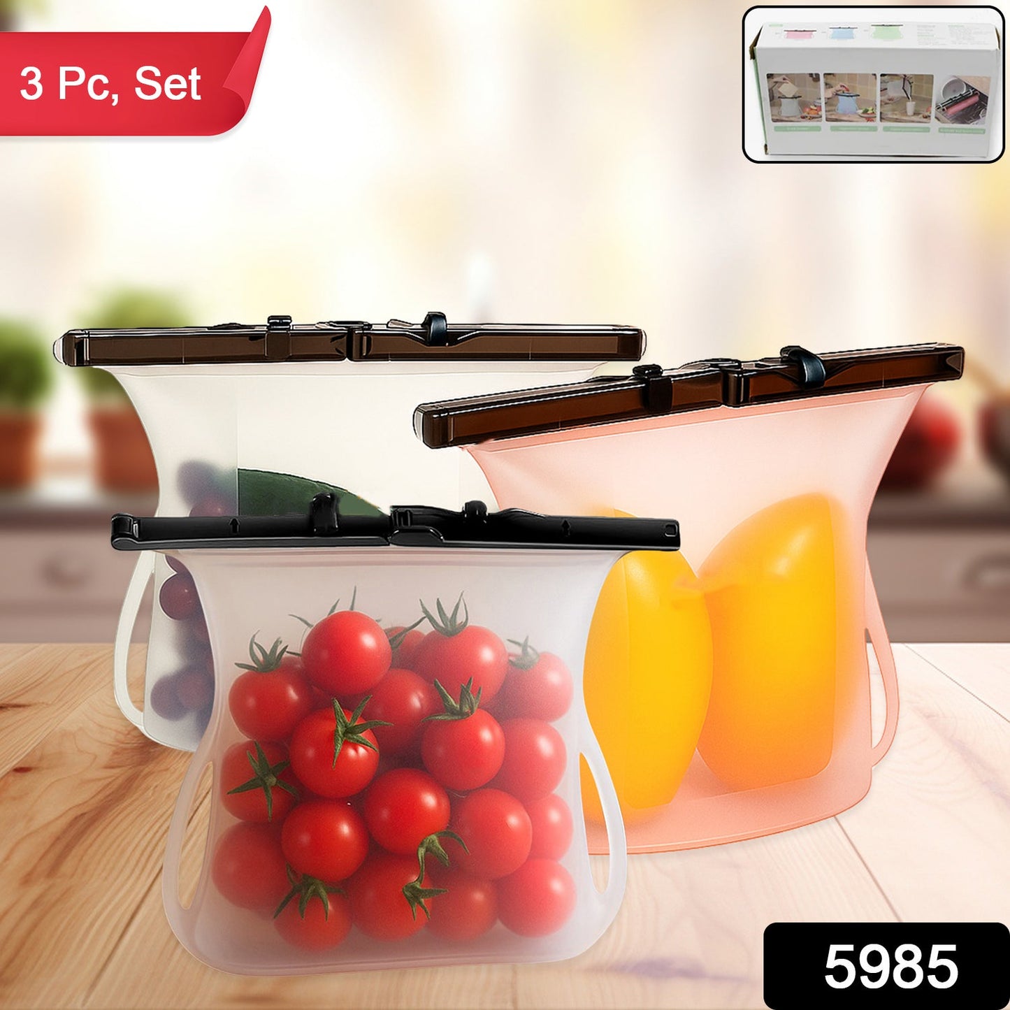 Silicone Food Storage Bags - Set of 3 Keepers for Fruits, Vegetables, Snacks